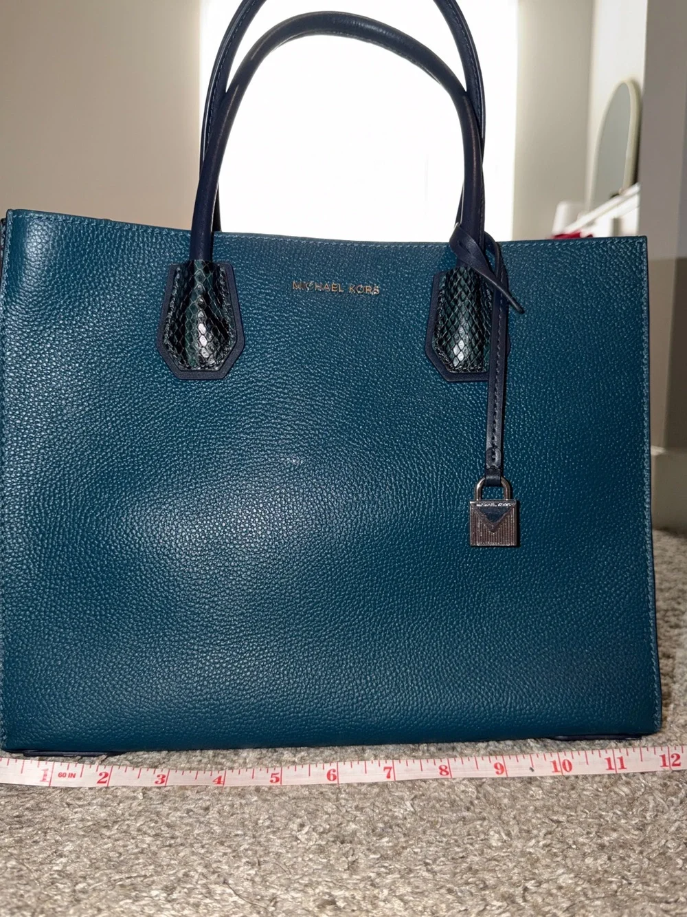 Michael Kors Teal Pebbled Leather Tote with Navy Trim